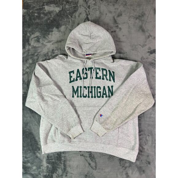 Y2K Champion Eastern Michigan Hoodie XL‎ Gray Pullover Spell Out Sweatshirt - Picture 1 of 8